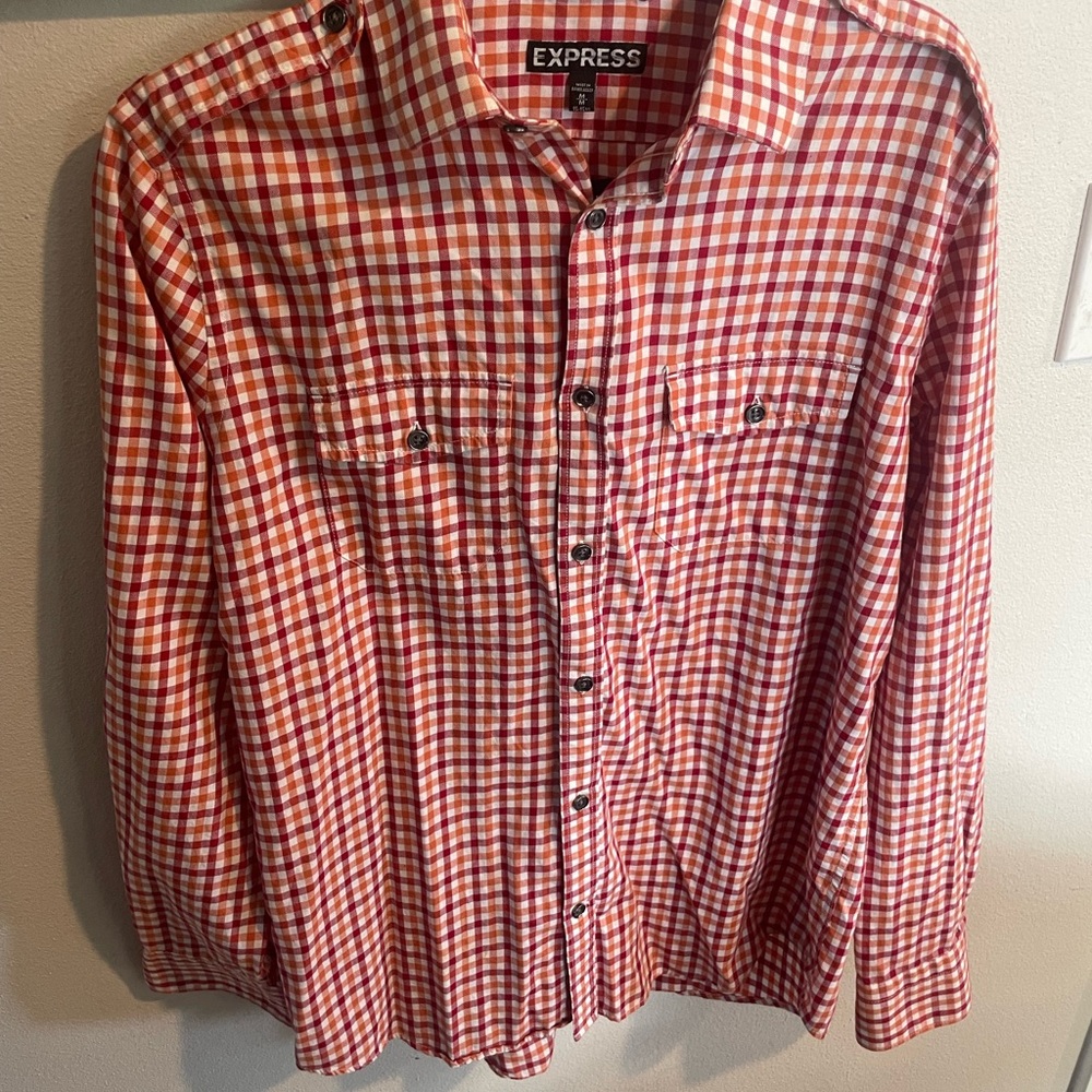 Express Men's Red‎ and White Checkered Shirt Size Medium